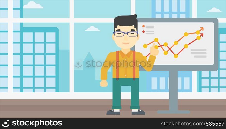 An asian young businessman pointing at charts on a board during business presentation. Happy businessman giving business presentation. Vector flat design illustration. Horizontal layout.. Businessman making business presentation.