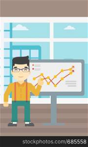 An asian young businessman pointing at charts on a board during business presentation. Happy businessman giving business presentation. Vector flat design illustration. Vertical layout.. Businessman making business presentation.