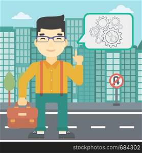 An asian young businessman pointing his forefinger at cogwheels on a city background. Vector flat design illustration. Square layout.. Businessman pointing at cogwheels.