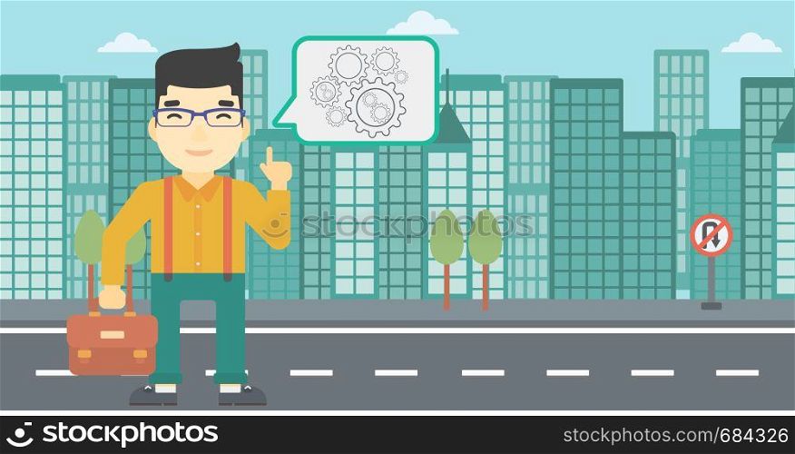 An asian young businessman pointing his forefinger at cogwheels on a city background. Vector flat design illustration. Horizontal layout.. Businessman pointing at cogwheels.