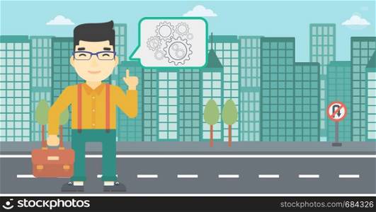 An asian young businessman pointing his forefinger at cogwheels on a city background. Vector flat design illustration. Horizontal layout.. Businessman pointing at cogwheels.