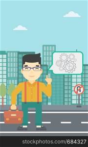 An asian young businessman pointing his forefinger at cogwheels on a city background. Vector flat design illustration. Vertical layout.. Businessman pointing at cogwheels.