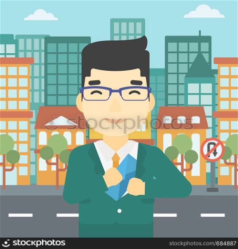 An asian young businessman putting an envelope in his pocket on a city background. Vector flat design illustration. Square layout.. Man putting envelope in pocket vector illustration