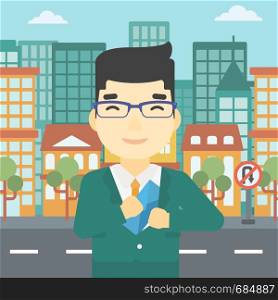 An asian young businessman putting an envelope in his pocket on a city background. Vector flat design illustration. Square layout.. Man putting envelope in pocket vector illustration