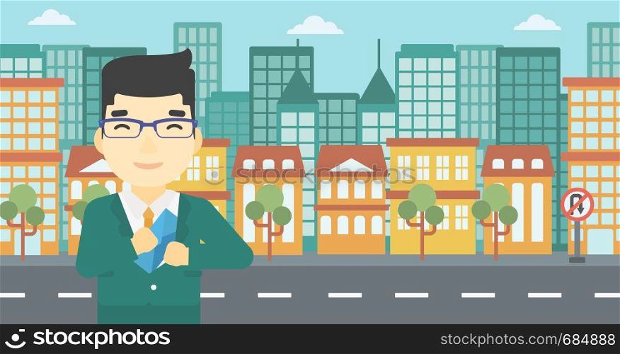 An asian young businessman putting an envelope in his pocket on a city background. Vector flat design illustration. Horizontal layout.. Man putting envelope in pocket vector illustration