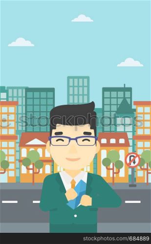 An asian young businessman putting an envelope in his pocket on a city background. Vector flat design illustration. Vertical layout.. Man putting envelope in pocket vector illustration