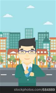 An asian young businessman putting an envelope in his pocket on a city background. Vector flat design illustration. Vertical layout.. Man putting envelope in pocket vector illustration