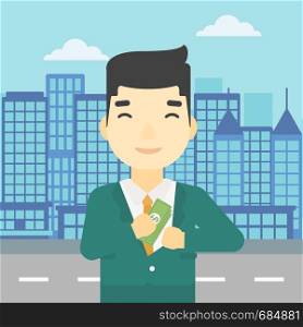 An asian young businessman putting money in his pocket on a city background. Vector flat design illustration. Square layout.. Man putting money in pocket vector illustration.