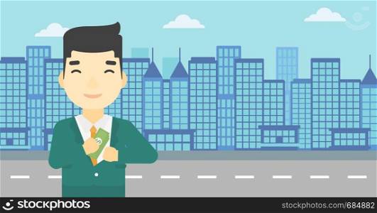 An asian young businessman putting money in his pocket on a city background. Vector flat design illustration. Horizontal layout.. Man putting money in pocket vector illustration.