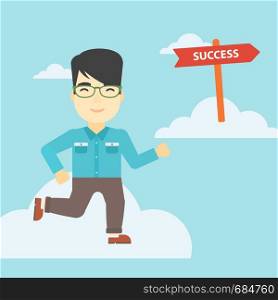 An asian young businessman running in the sky near direction sign success. Successful business concept. Vector flat design illustration. Square layout.. Businessman moving to success vector illustration.