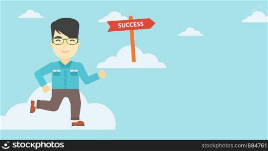 An asian young businessman running in the sky near direction sign success. Successful business concept. Vector flat design illustration. Horizontal layout.. Businessman moving to success vector illustration.