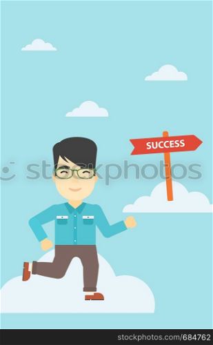 An asian young businessman running in the sky near direction sign success. Successful business concept. Vector flat design illustration. Vrtical layout.. Businessman moving to success vector illustration.