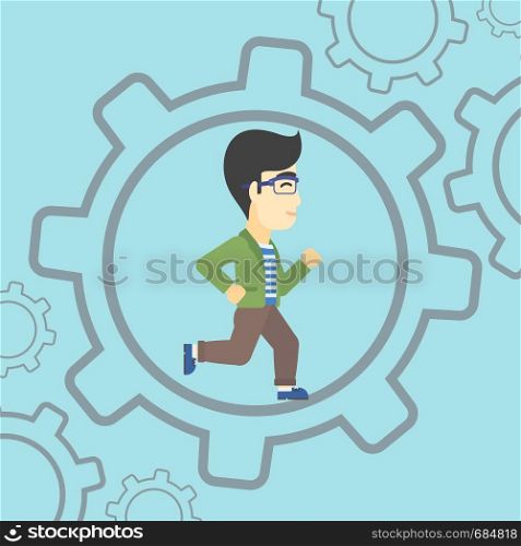 An asian young businessman running inside a big cogwheel on a blue background. Vector flat design illustration. Square layout.. Businessman running inside the gear.