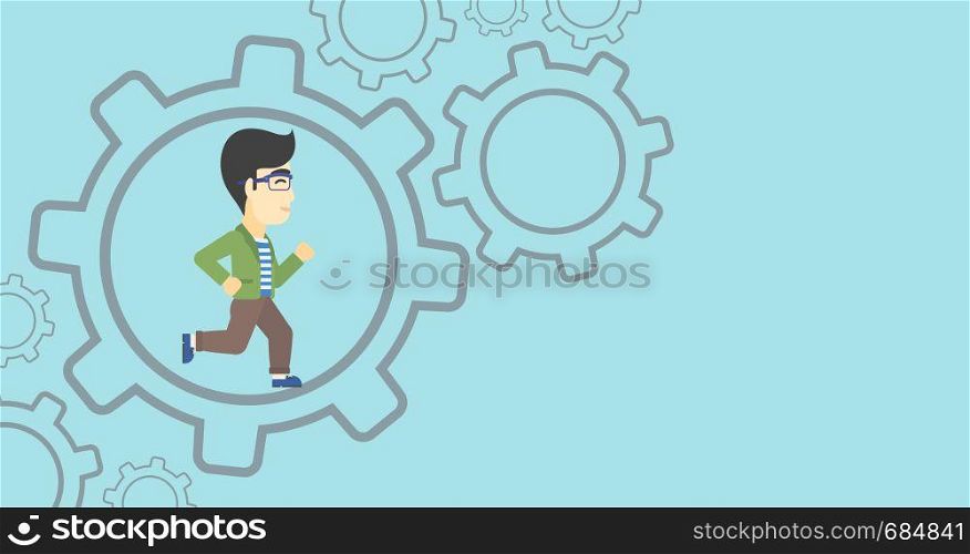 An asian young businessman running inside a big cogwheel on a blue background. Vector flat design illustration. Horizontal layout.. Businessman running inside the gear.