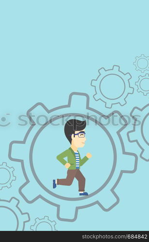 An asian young businessman running inside a big cogwheel on a blue background. Vector flat design illustration. Vertical layout.. Businessman running inside the gear.