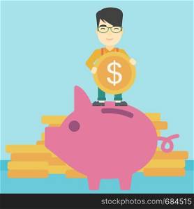 An asian young businessman saving money by putting a coin in a big piggy bank on a background of stacks of gold coins. Vector flat design illustration. Square layout.. Man putting coin in piggy bank vector illustration