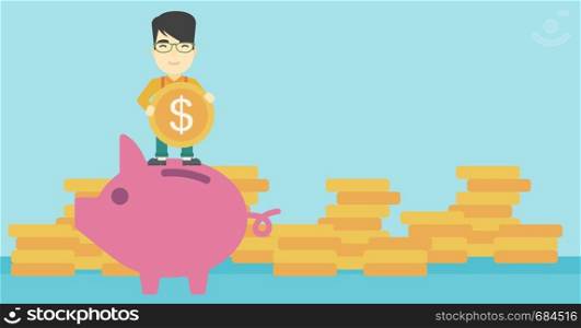 An asian young businessman saving money by putting a coin in a big piggy bank on a background of stacks of gold coins. Vector flat design illustration. Horizontal layout.. Man putting coin in piggy bank vector illustration