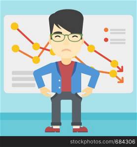 An asian young businessman showing his epmty pockets on the background of board with decreasing chart. Bankruptcy concept. Vector flat design illustration. Square layout.. Bancrupt business man vector illustration.