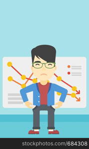 An asian young businessman showing his epmty pockets on the background of board with decreasing chart. Bankruptcy concept. Vector flat design illustration. Vertical layout.. Bancrupt business man vector illustration.