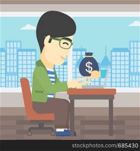 An asian young businessman sitting at the table in office and bag of money coming out of his laptop. Online business concept. Vector flat design illustration. Square layout.. Businessman earning money from online business.