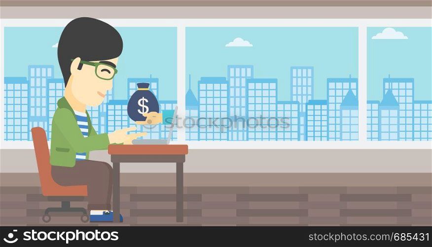 An asian young businessman sitting at the table in office and bag of money coming out of his laptop. Online business concept. Vector flat design illustration. Horizontal layout.. Businessman earning money from online business.