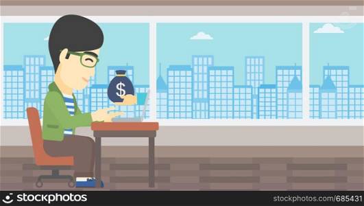 An asian young businessman sitting at the table in office and bag of money coming out of his laptop. Online business concept. Vector flat design illustration. Horizontal layout.. Businessman earning money from online business.