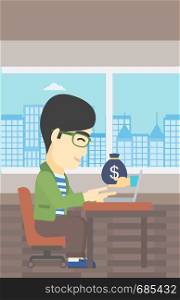 An asian young businessman sitting at the table in office and bag of money coming out of his laptop. Online business concept. Vector flat design illustration. Vertical layout.. Businessman earning money from online business.