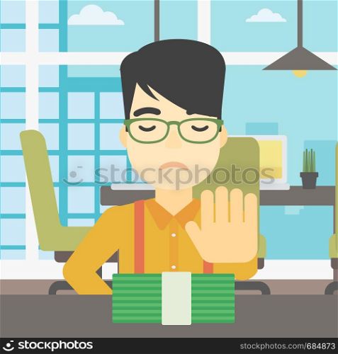 An asian young businessman sitting at the table in office and moving dollar bills away. Vector flat design illustration. Square layout.. Man refusing bribe vector illustration.