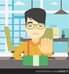 An asian young businessman sitting at the table in office and moving dollar bills away. Vector flat design illustration. Square layout.. Man refusing bribe vector illustration.