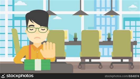 An asian young businessman sitting at the table in office and moving dollar bills away. Vector flat design illustration. Horizontal layout.. Man refusing bribe vector illustration.