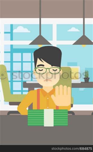 An asian young businessman sitting at the table in office and moving dollar bills away. Vector flat design illustration. Vertical layout.. Man refusing bribe vector illustration.
