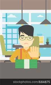 An asian young businessman sitting at the table in office and moving dollar bills away. Vector flat design illustration. Vertical layout.. Man refusing bribe vector illustration.