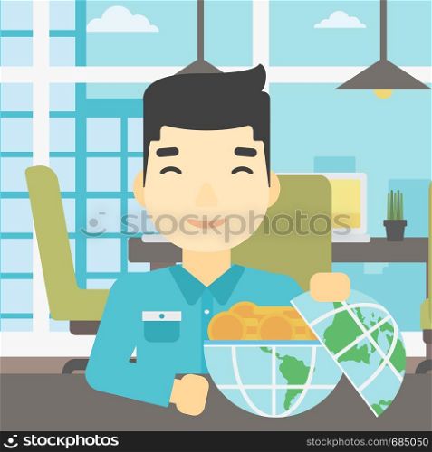 An asian young businessman sitting at the table in office with a Earth globe full of gold coins. Concept of global business. Vector flat design illustration. Square layout.. Businessman with Earth globe full of money.