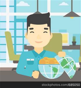 An asian young businessman sitting at the table in office with a Earth globe full of gold coins. Concept of global business. Vector flat design illustration. Square layout.. Businessman with Earth globe full of money.
