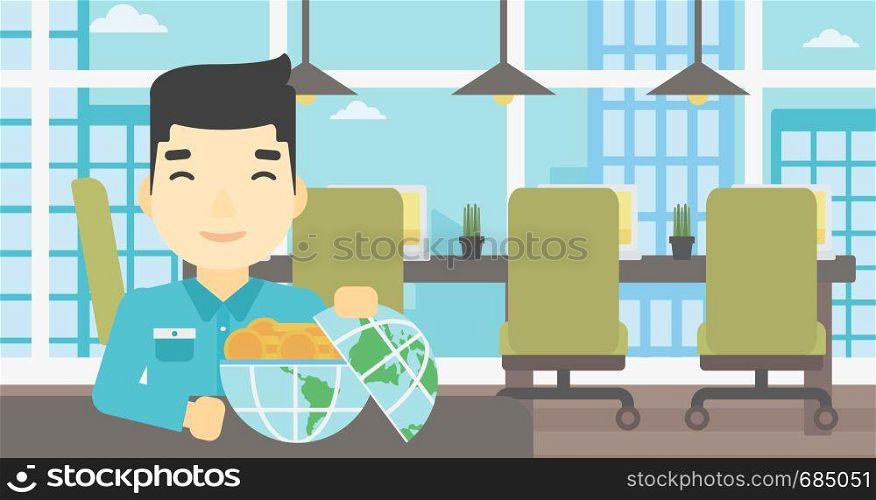 An asian young businessman sitting at the table in office with a Earth globe full of gold coins. Concept of global business. Vector flat design illustration. Horizontal layout.. Businessman with Earth globe full of money.