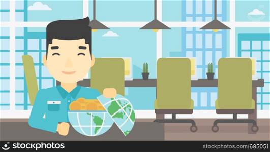 An asian young businessman sitting at the table in office with a Earth globe full of gold coins. Concept of global business. Vector flat design illustration. Horizontal layout.. Businessman with Earth globe full of money.