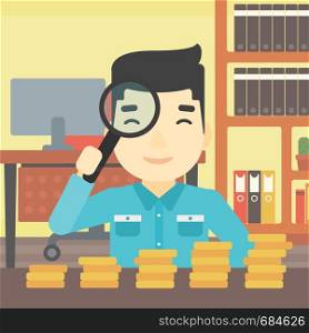 An asian young businessman sitting in the office and looking at stacks of golden coins through magnifier. Vector flat design illustration. Square layout.. Man with magnifier looking at golden coins.