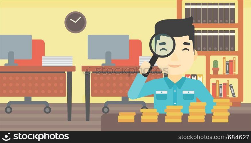 An asian young businessman sitting in the office and looking at stacks of golden coins through magnifier. Vector flat design illustration. Horizontal layout.. Man with magnifier looking at golden coins.