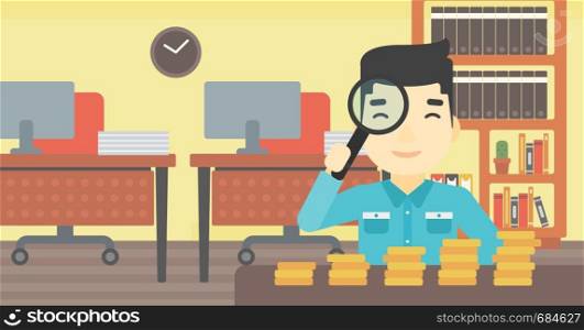An asian young businessman sitting in the office and looking at stacks of golden coins through magnifier. Vector flat design illustration. Horizontal layout.. Man with magnifier looking at golden coins.