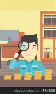 An asian young businessman sitting in the office and looking at stacks of golden coins through magnifier. Vector flat design illustration. Vertical layout.. Man with magnifier looking at golden coins.