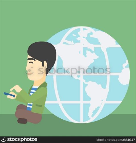 An asian young businessman sitting near big Earth globe and holding a smartphone in hands. Concept of global business. Vector flat design illustration. Square layout.. Businessman sitting near Earth globe.