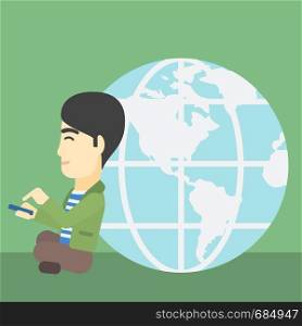 An asian young businessman sitting near big Earth globe and holding a smartphone in hands. Concept of global business. Vector flat design illustration. Square layout.. Businessman sitting near Earth globe.