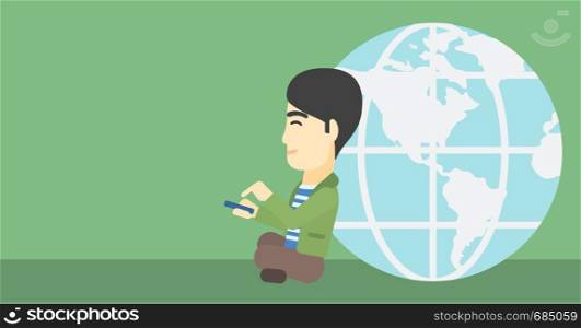 An asian young businessman sitting near big Earth globe and holding a smartphone in hands. Concept of global business. Vector flat design illustration. Horizontal layout.. Businessman sitting near Earth globe.