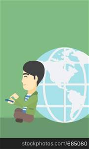 An asian young businessman sitting near big Earth globe and holding a smartphone in hands. Concept of global business. Vector flat design illustration. Vertical layout.. Businessman sitting near Earth globe.