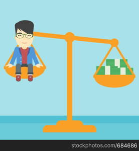 An asian young businessman sitting on a scale with stacks of money. Vector flat design illustration. Square layout.. Businessman sitting on scale with stacks of money.