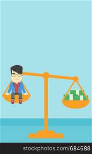 An asian young businessman sitting on a scale with stacks of money. Vector flat design illustration. Vertical layout.. Businessman sitting on scale with stacks of money.