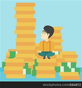 An asian young businessman sitting on stack of gold coins and looking up to the biggest one. Successful business concept. Vector flat design illustration. Square layout.. Businessman sitting on gold vector illustration.