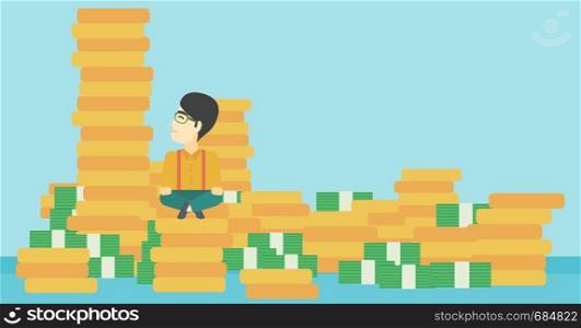 An asian young businessman sitting on stack of gold coins and looking up to the biggest one. Successful business concept. Vector flat design illustration. Horizontal layout.. Businessman sitting on gold vector illustration.