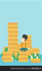 An asian young businessman sitting on stack of gold coins and looking up to the biggest one. Successful business concept. Vector flat design illustration. Vertical layout.. Businessman sitting on gold vector illustration.