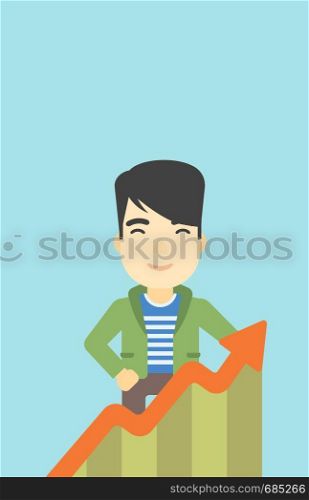 An asian young businessman standing behind growing chart on a blue background. Successful business concept. Vector flat design illustration. Vertical layout.. Businessman with growing chart.